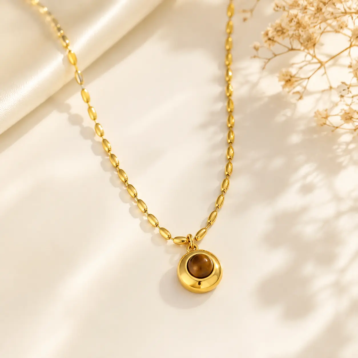 Golden Round Stone Pendant Necklace