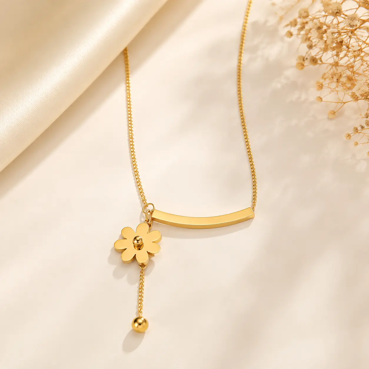 Golden Flower Bar Pendant Necklace