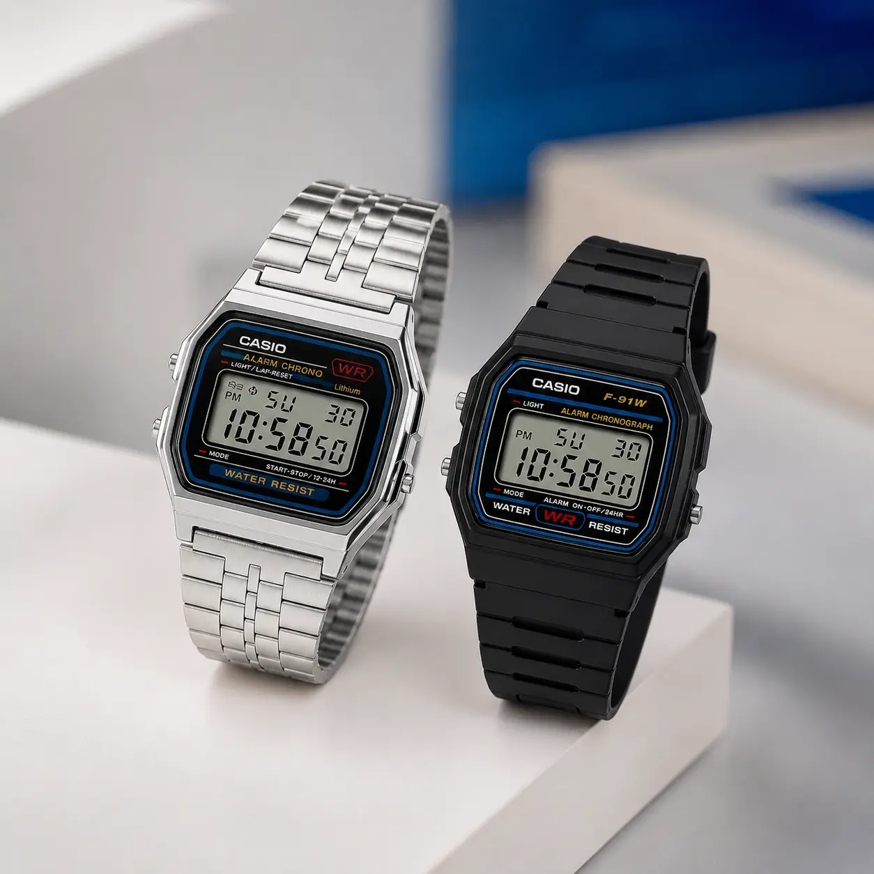 Casio Retro Digital Watch Combo- 2 Pis (Silvar Chain & Black Balt )